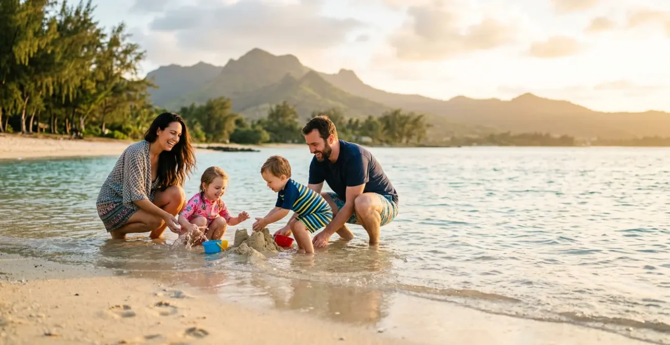 Famille avec enfants en bas âge sur une plage de sable blanc avec lagon turquoise protégé et filaos en arrière-plan à La Réunion