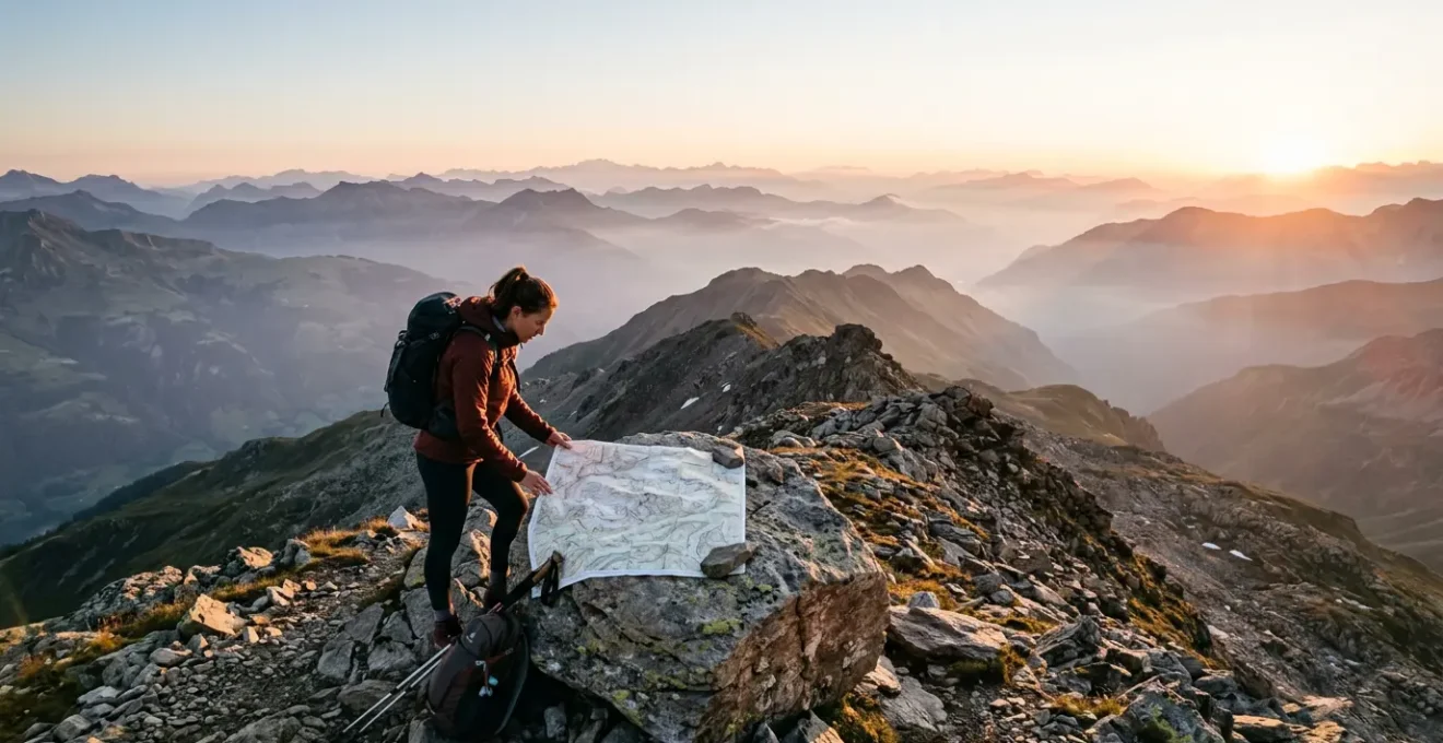 Randonneur consultant une carte topographique au sommet d'une montagne au petit matin