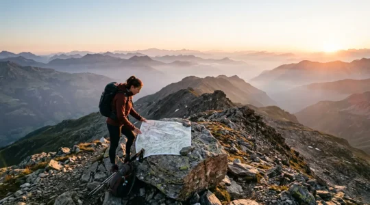 Randonneur consultant une carte topographique au sommet d'une montagne au petit matin
