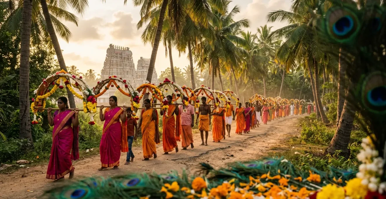 Procession du Cavadee avec pénitents portant des structures florales colorées devant un temple tamoul