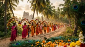 Procession du Cavadee avec pénitents portant des structures florales colorées devant un temple tamoul