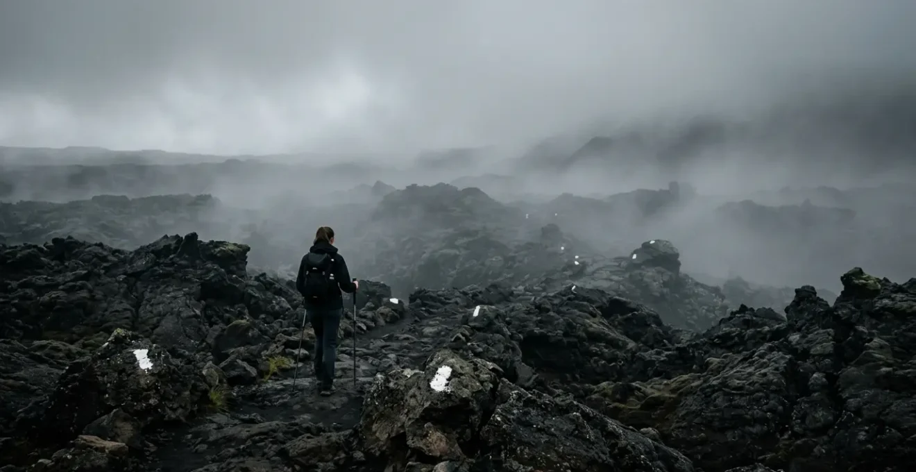 Randonneur suivant un balisage blanc sur la lave volcanique dans le brouillard épais de l'Enclos Fouqué