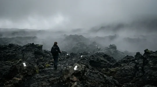 Randonneur suivant un balisage blanc sur la lave volcanique dans le brouillard épais de l'Enclos Fouqué