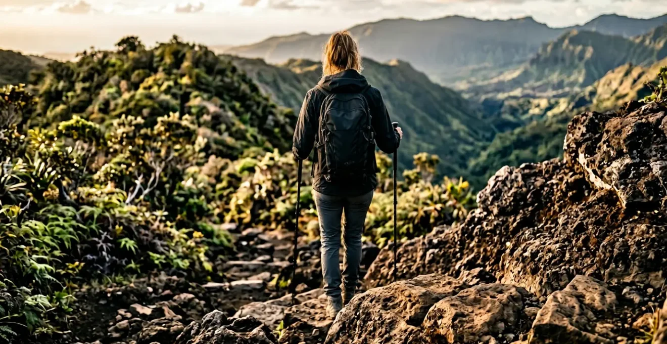 Randonneur descendant un sentier volcanique escarpé à La Réunion avec des bâtons de marche