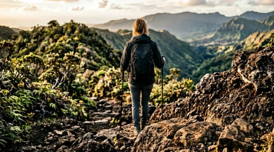 Randonneur descendant un sentier volcanique escarpé à La Réunion avec des bâtons de marche