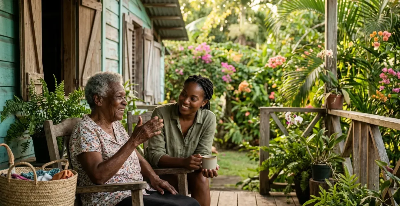 Une rencontre intergénérationnelle sous une case créole avec un ancien racontant une histoire à un jeune visiteur