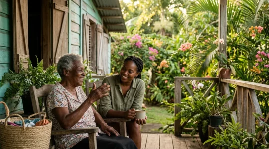 Une rencontre intergénérationnelle sous une case créole avec un ancien racontant une histoire à un jeune visiteur