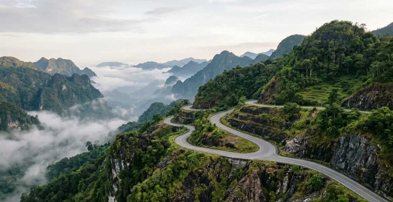 Route de montagne sinueuse avec virages en épingle à cheveux surplombant un cirque volcanique de La Réunion