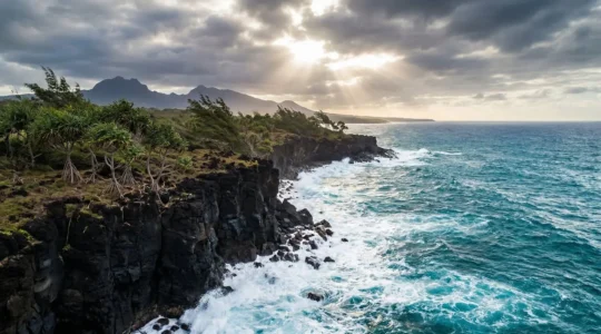 Paysage dramatique du Sud Sauvage de La Réunion avec falaises de basalte noir et océan déchaîné