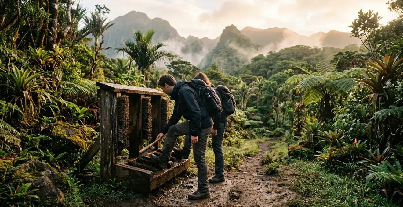 Randonneurs nettoyant leurs chaussures à une station de brossage sur un sentier de montagne tropical