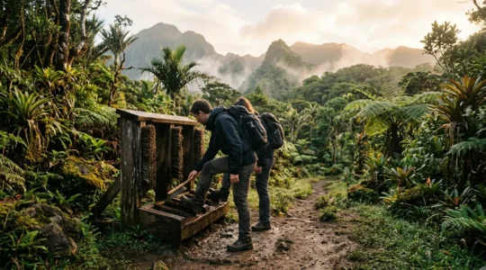 Randonneurs nettoyant leurs chaussures à une station de brossage sur un sentier de montagne tropical