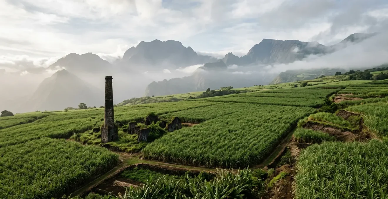 Paysage de La Réunion montrant la transformation des pentes avec les champs de canne à sucre et les anciennes cheminées d'usines sucrières