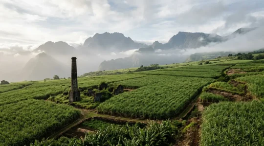Paysage de La Réunion montrant la transformation des pentes avec les champs de canne à sucre et les anciennes cheminées d'usines sucrières