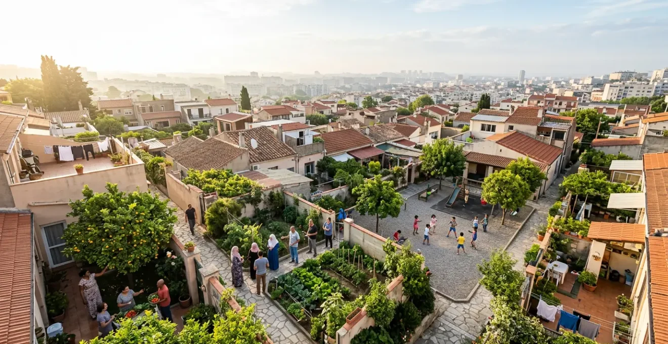 Vue aérienne d'un quartier populaire animé avec des voisins de différentes cultures partageant un espace commun