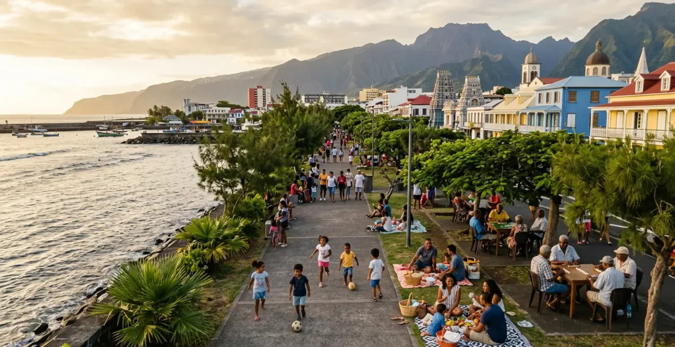 Mosaïque culturelle réunionnaise avec différentes communautés partageant un moment festif sur fond tropical