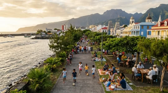 Mosaïque culturelle réunionnaise avec différentes communautés partageant un moment festif sur fond tropical