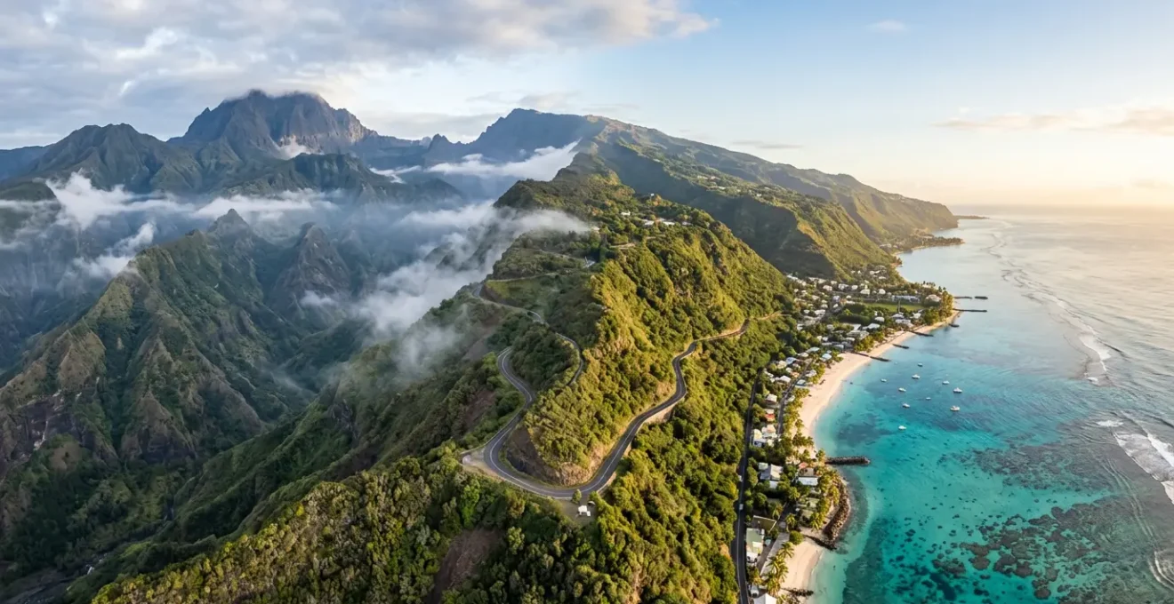 Vue panoramique de La Réunion montrant le contraste entre volcan et lagon turquoise