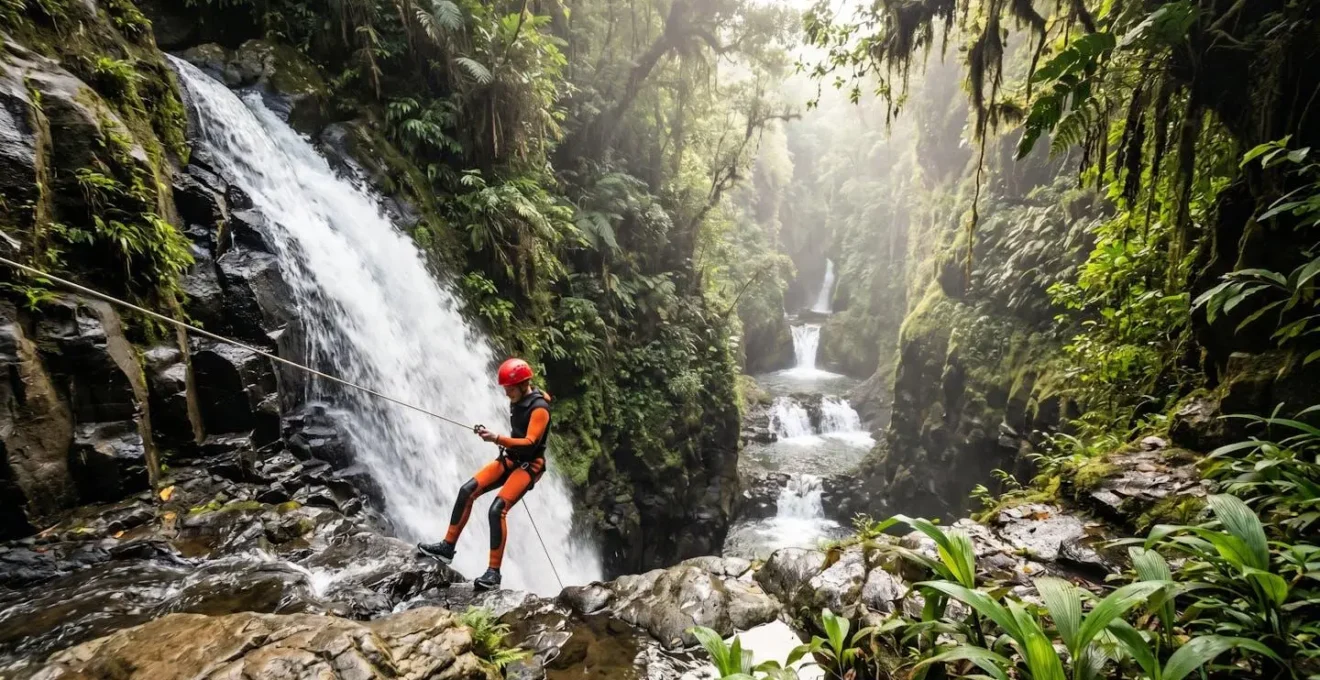 Adolescent en combinaison néoprène descendant en rappel une cascade dans un canyon verdoyant de La Réunion