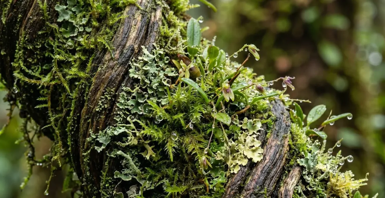 Tamarin des hauts tordu recouvert de mousses et lichens épiphytes dans la brume de la forêt de Bélouve