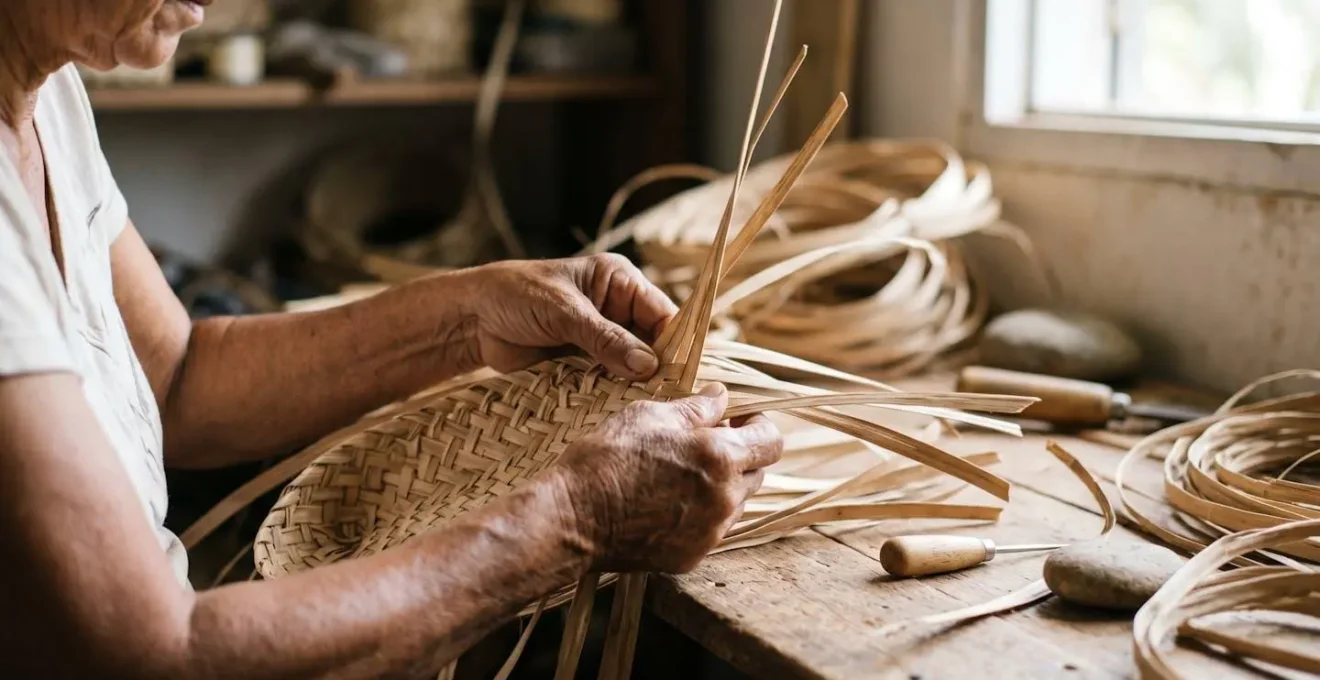 Mains d'artisan tressant des fibres de vacoa avec outils traditionnels