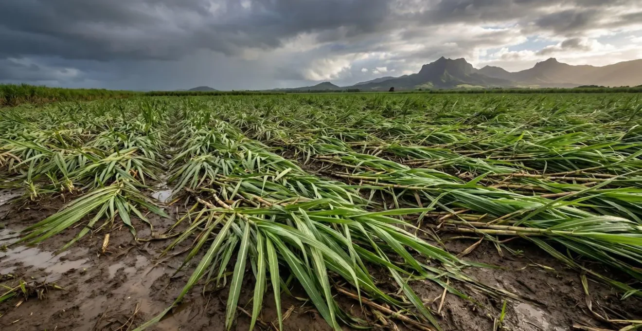 Champs de canne à sucre couchés par le vent mais continuant leur croissance après un cyclone à La Réunion
