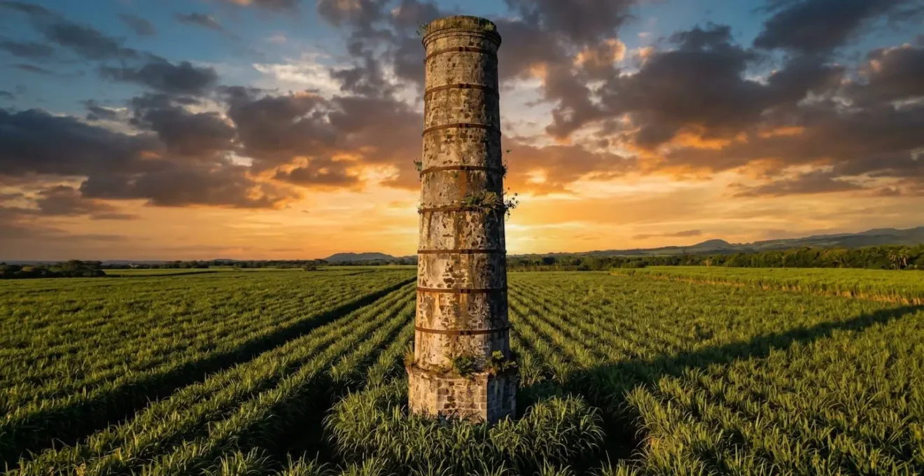 Cheminée solitaire d'une ancienne usine sucrière se dressant dans un paysage de cannes à La Réunion