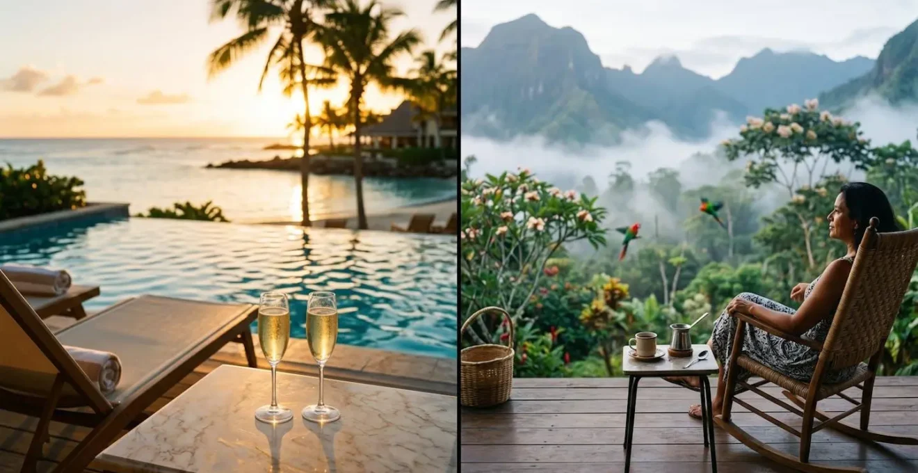 Contraste visuel entre une terrasse d'hôtel face au lagon et une véranda créole dans les hauts avec vue montagne