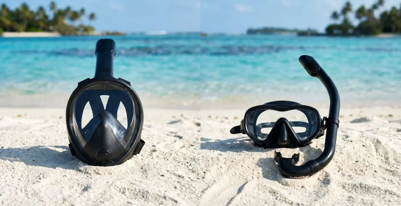 Deux équipements de snorkeling posés sur le sable fin du lagon, masque facial et équipement classique