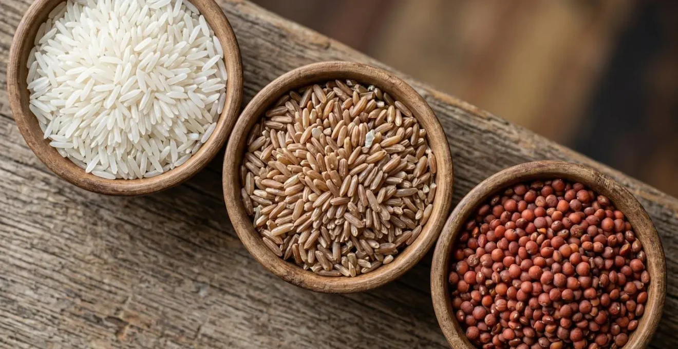 Comparaison visuelle de trois types de riz dans des bols en bois avec des lentilles de Cilaos