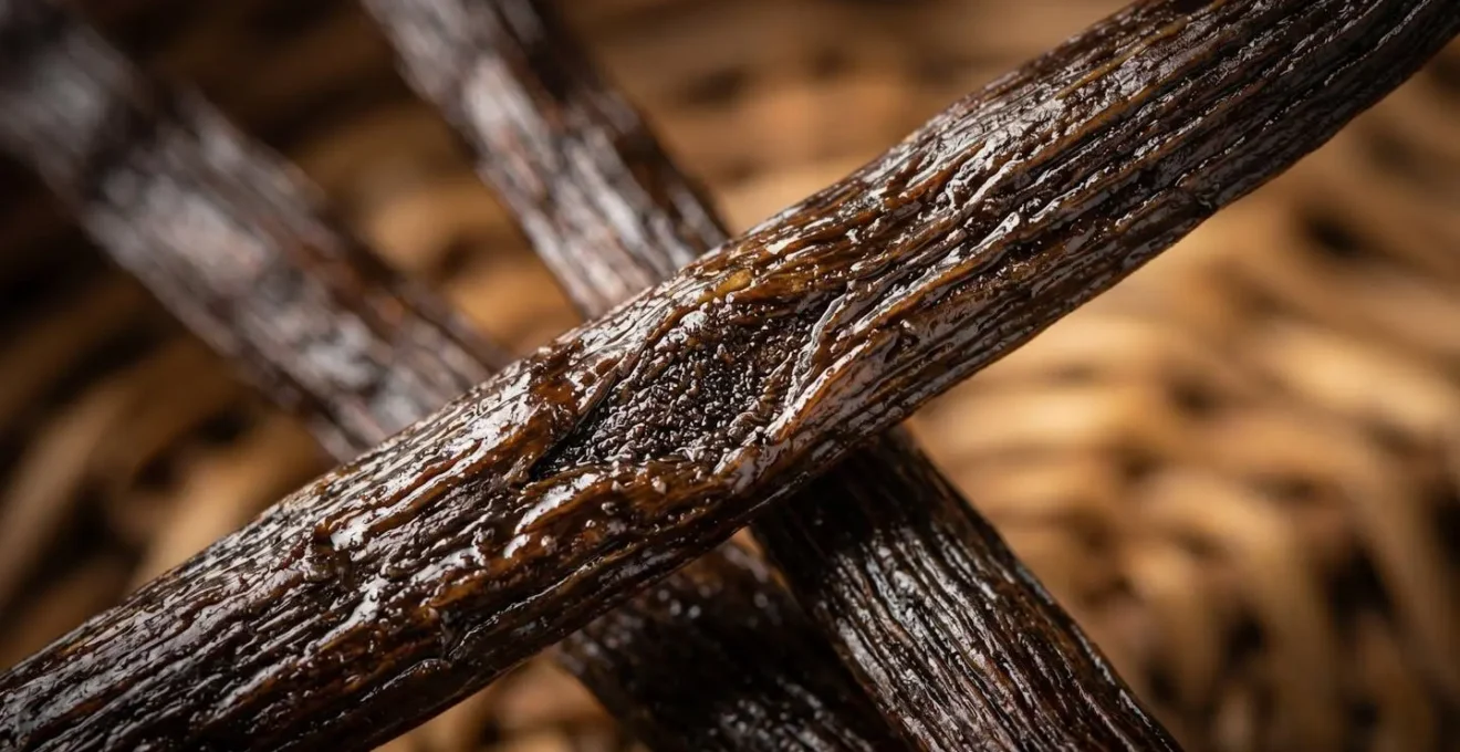 Gros plan macro sur des gousses de vanille avec texture grasse et brillante visible