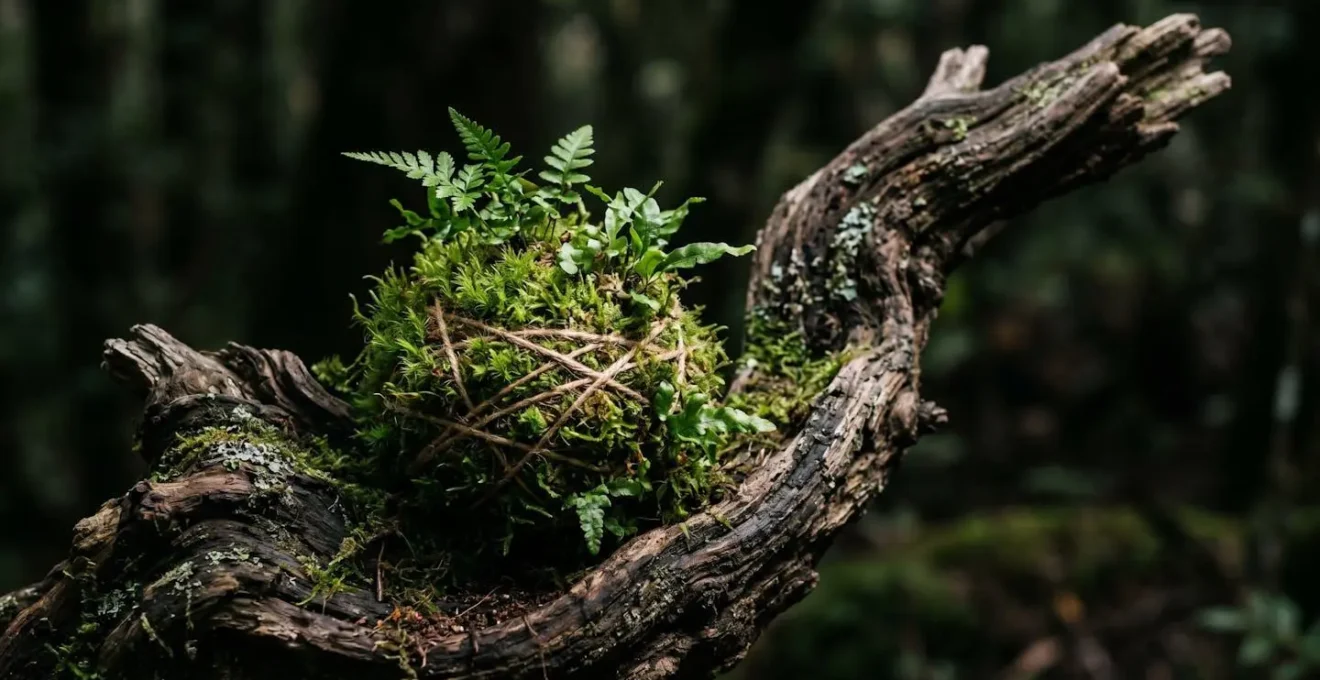Composition artistique de kokedama avec mousses et fougères sur support de bois flotté.