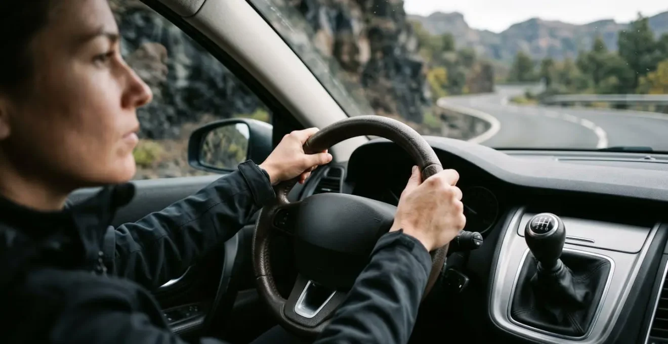 Mains sur le volant d'un conducteur négociant les virages serrés de la route de montagne à La Réunion