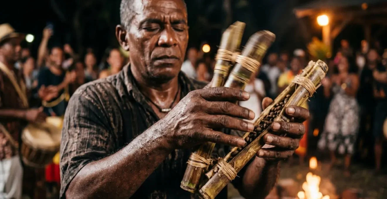 Musicien jouant du kayamb lors d'un concert de Maloya traditionnel