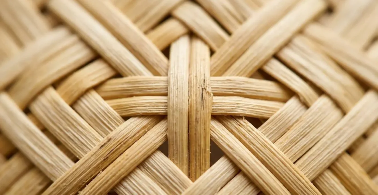 Vue macro du tressage à deux brins montrant la texture des fibres de vacoa entrelacées
