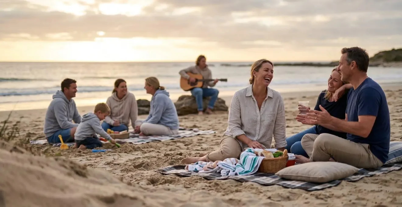 Scène de plage montrant différents groupes partageant harmonieusement l'espace