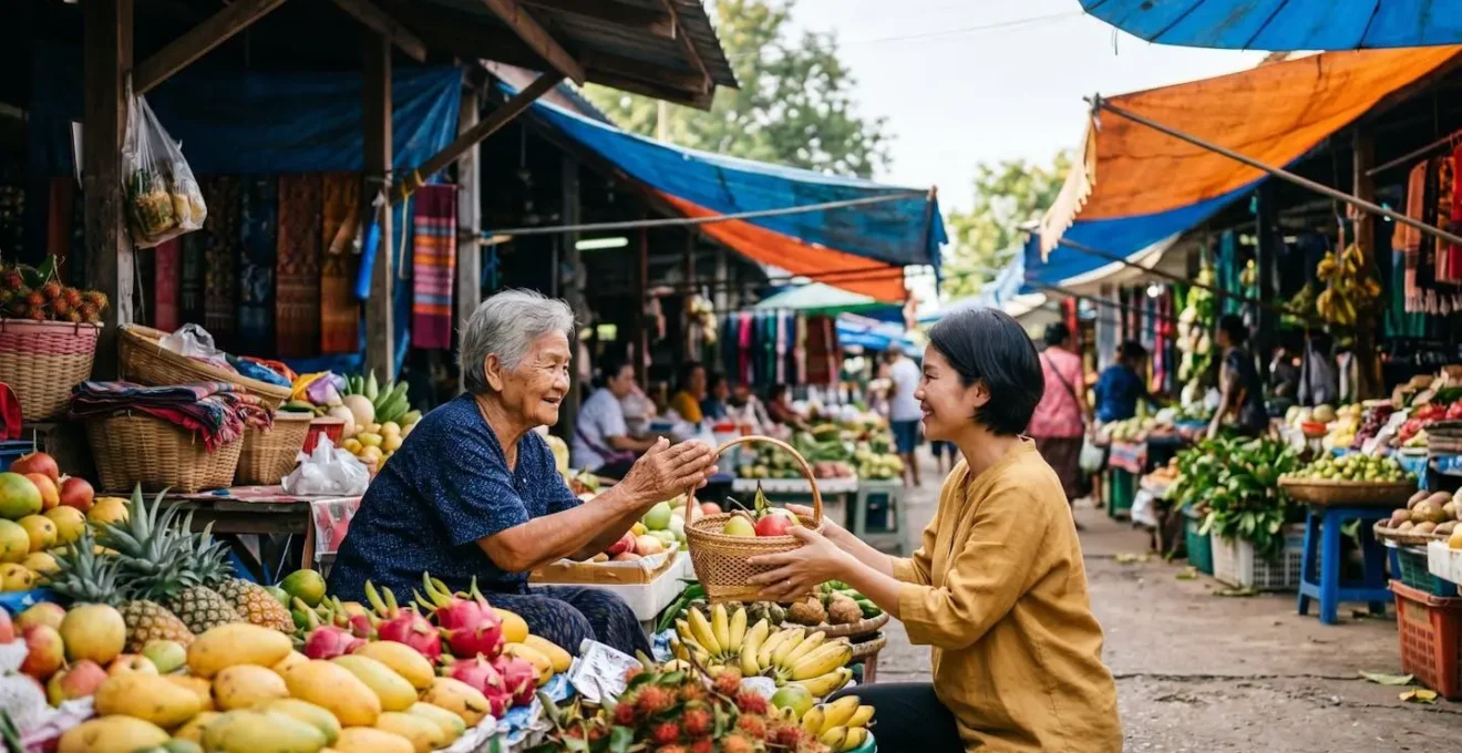 Échange respectueux entre un marchand créole âgé et un client au marché local