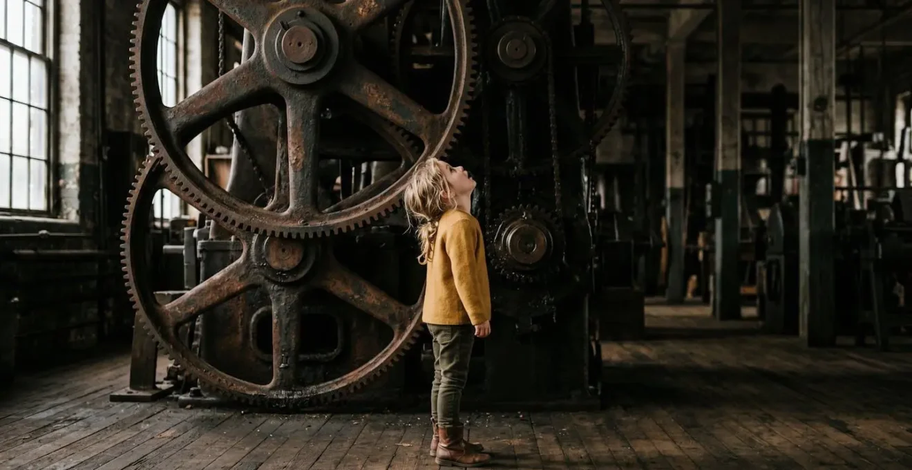 Enfant émerveillé devant un engrenage monumental dans une ancienne usine sucrière