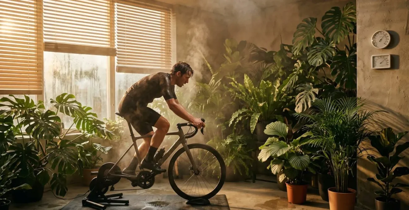 Sportif s'entraînant sur vélo d'appartement dans une pièce avec plantes tropicales et vapeur visible