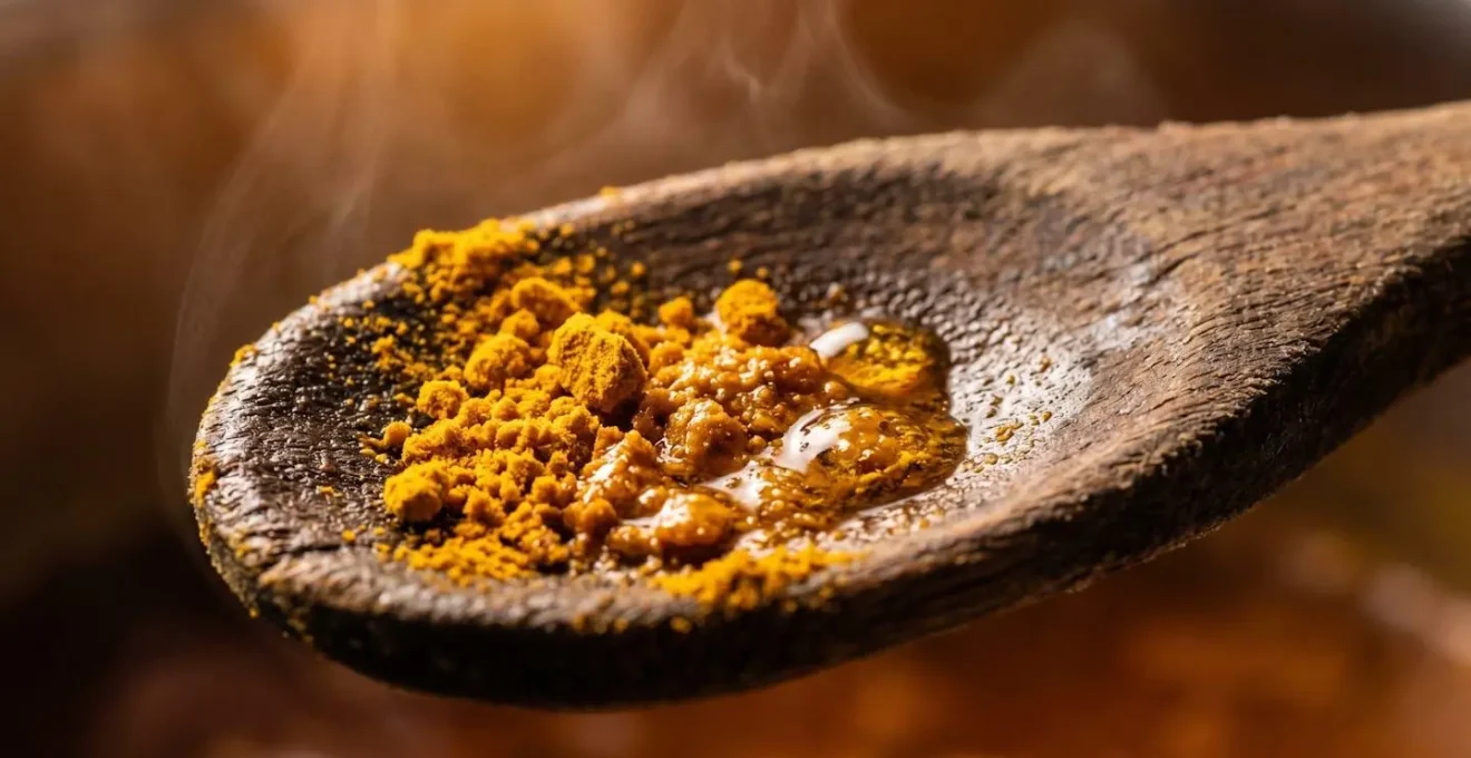 Gros plan macro sur une cuillère en bois avec curcuma doré et gouttelettes d'eau créant une barrière thermique