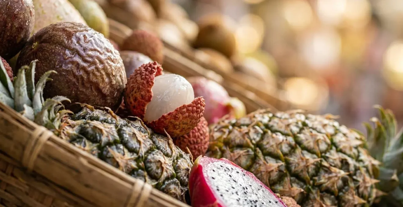Vue macro détaillée de fruits tropicaux colorés sur un étal de marché réunionnais