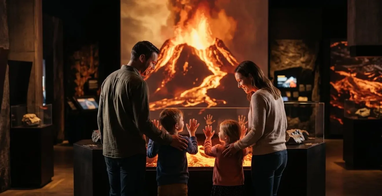 Famille explorant les expositions interactives de la Cité du Volcan avec des enfants émerveillés devant une projection volcanique