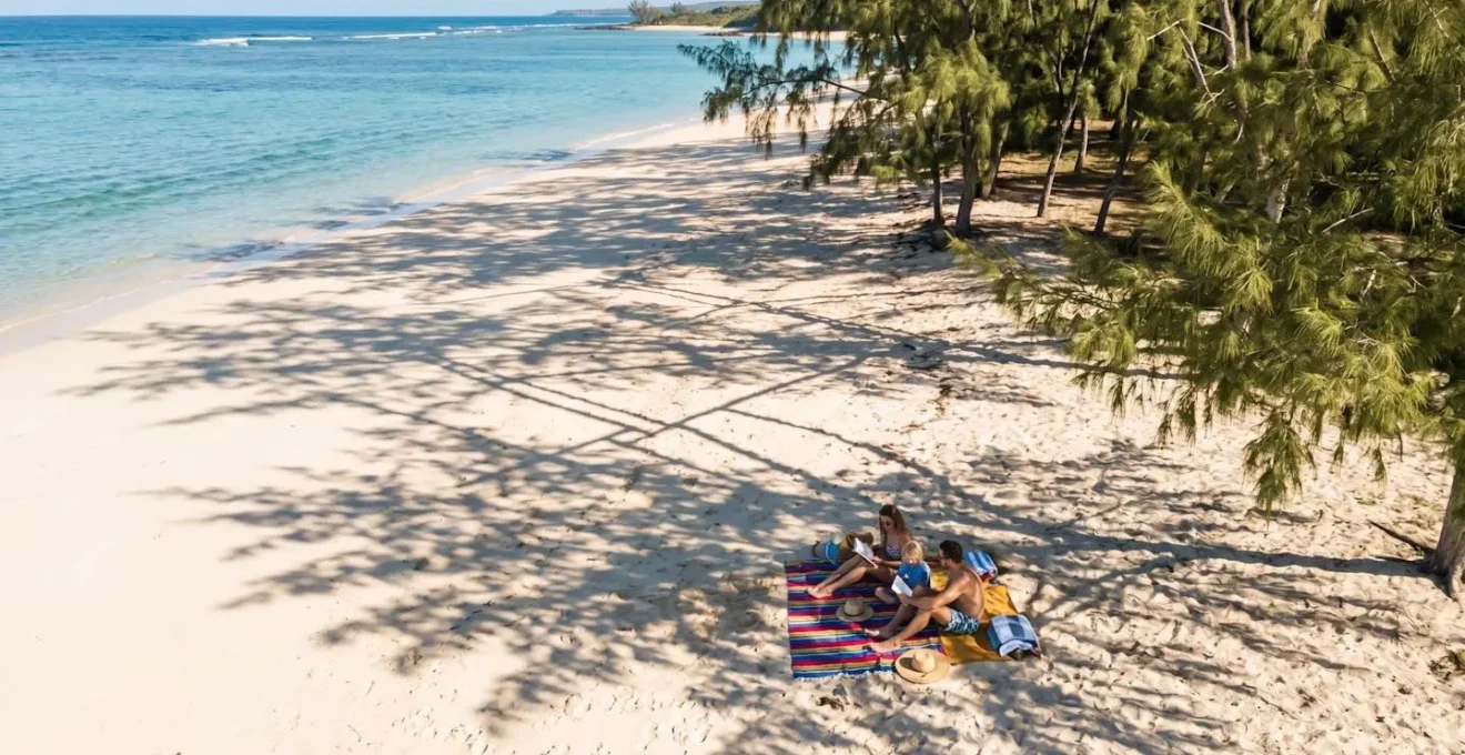Vue aérienne d'une famille installée sous l'ombre naturelle des filaos sur une plage de sable blanc