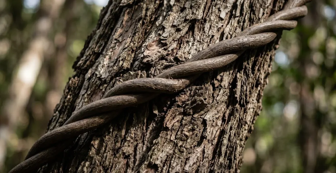 Vue macro d'une liane envahissante enroulée autour d'un tronc d'arbre endémique