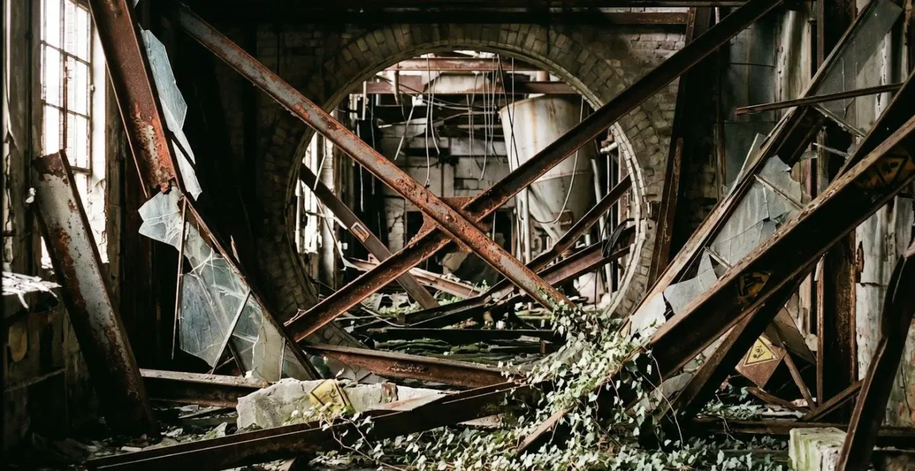 Structure métallique rouillée d'une friche industrielle abandonnée avec signes de dégradation