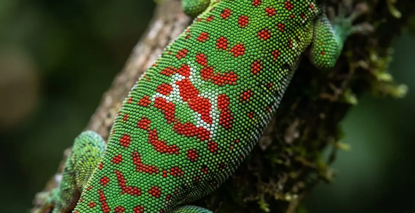 Détail macro du gecko vert de Manapany montrant ses caractéristiques distinctives
