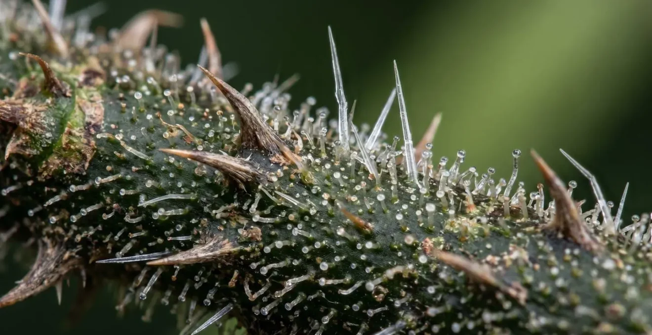 Gros plan macro sur les mécanismes de défense des plantes tropicales avec épines et structures urticantes.