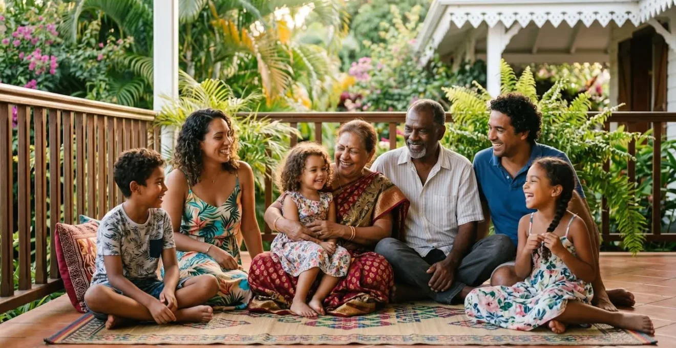 Portrait de groupe multigénérationnel réunionnais montrant la diversité des origines