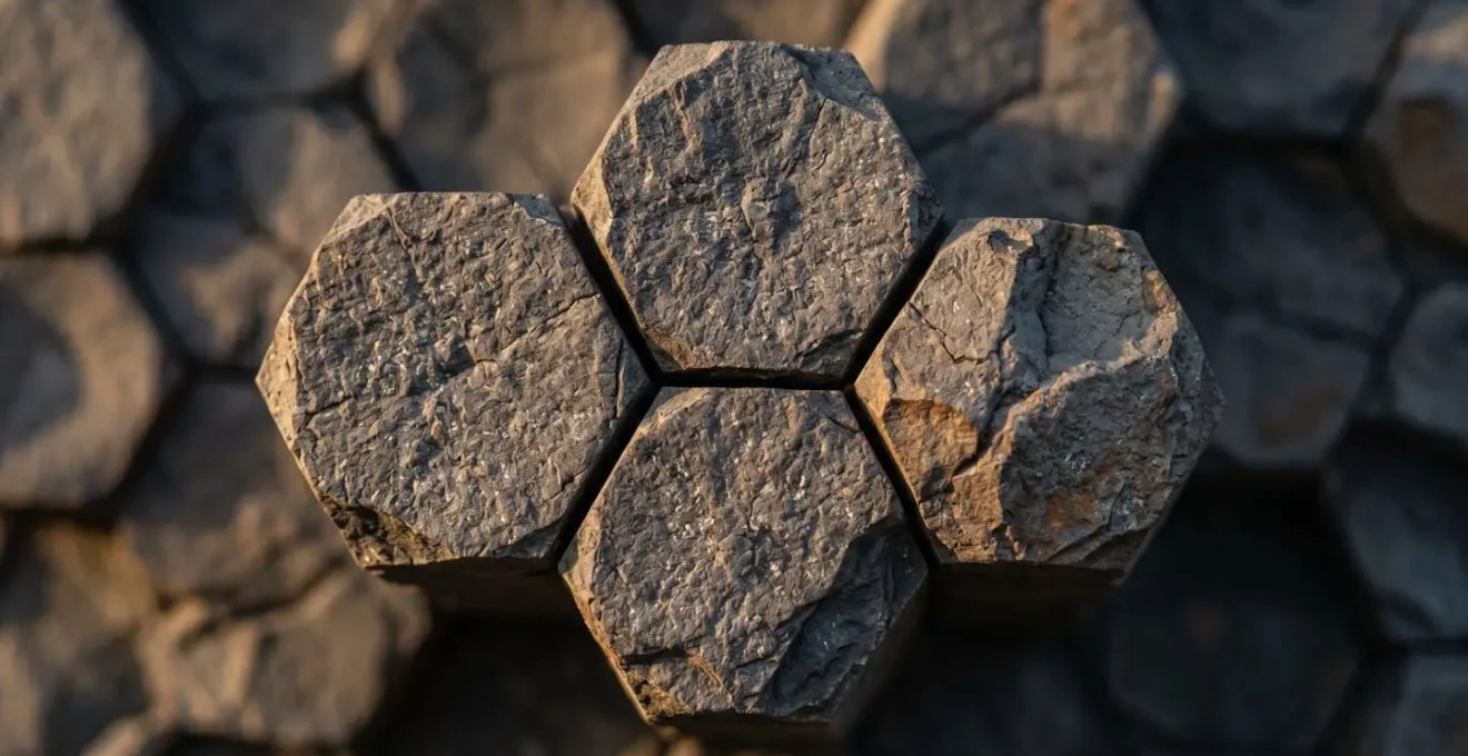 Colonnes basaltiques hexagonales photographiées en lumière rasante révélant leur géométrie parfaite