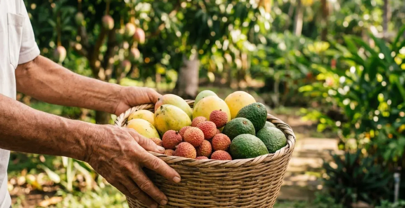 Panier tressé débordant de mangues, letchis et avocats fraîchement cueillis dans un jardin créole