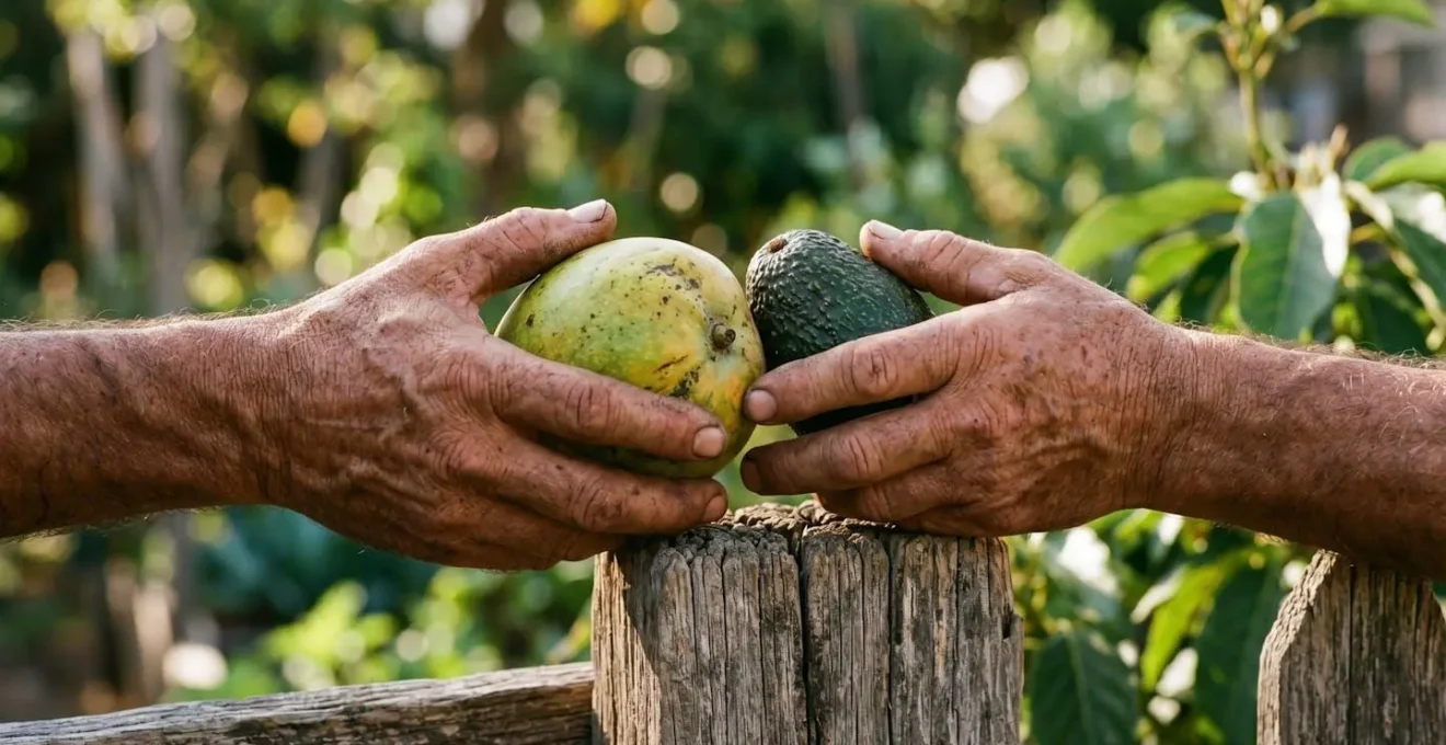 Mains tendues échangeant des fruits frais dans un jardin partagé